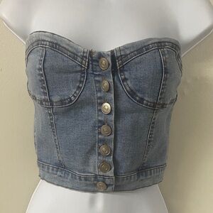 VINTAGE DENIM BUSTIER WITH BUTTON FRONT AND SHEERING IN BACK TO LOOK SNATCHED IN